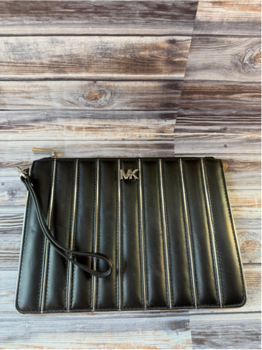 Michael Kors Panel Quilted Pouch Wristlet Clutch in black silver stipe